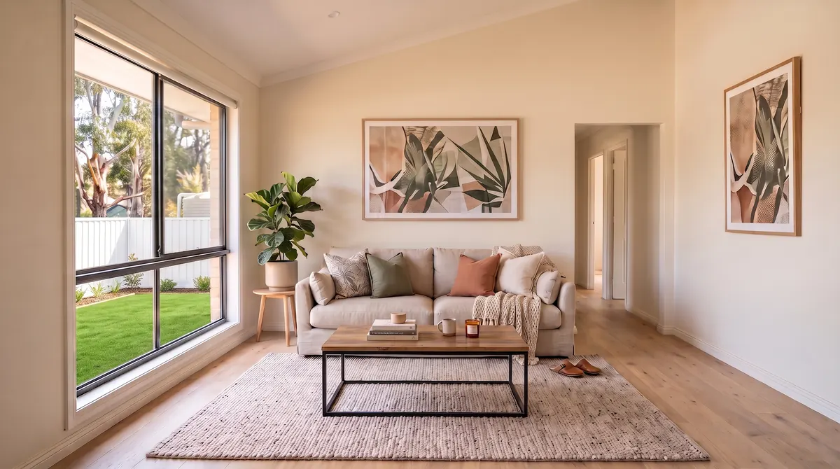 A finished, styled living room after renovation